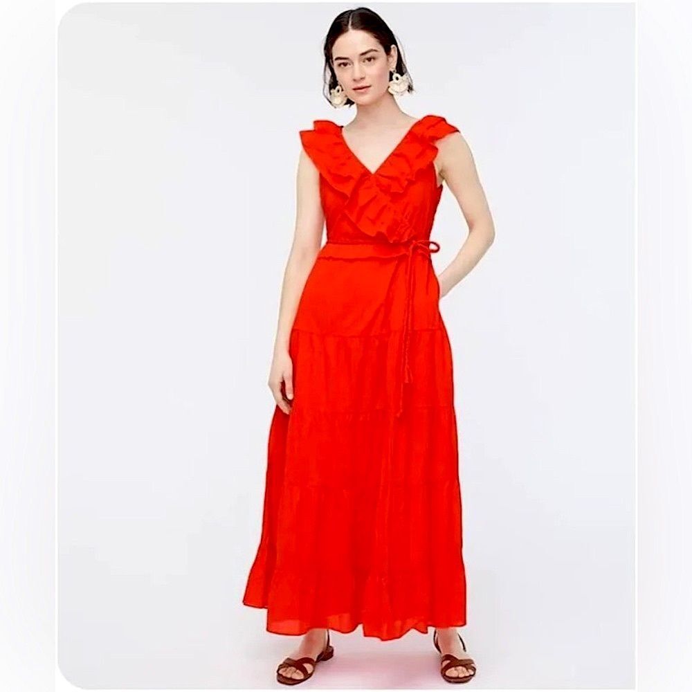 J. Crew Summer Sunset Cotton Ruffled Tiered Maxi Dress Red-Orange-Coral Size 4